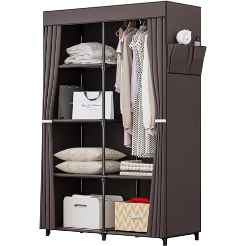 SORCEDAS Portable Closet Wardrobe Organizer Storage with Cover Non-Woben Fabric Portable Wardrobe Closet for Hanging Clothes Racks Shelving 33 Inch for Bedroom, Blue (Coffee, 33Inch) - color: Coffee, size: 33Inch