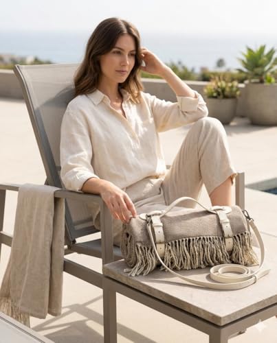 Picnic Blanket Extra Large Waterproof with Strap 59"x79" - Machine Washable Tassels Faux Wool Cashmere for Park, Grass, Camping, Hiking, Concerts (Deep Tan with white shoulder strap, 59"X79") - color: Deep Tan With White Shoulder Strap