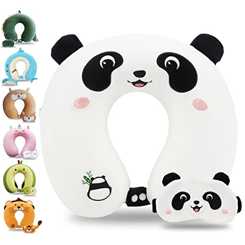 Sexysamba Cartoon Headrest & Neck Pillow for Kids Boys & Girls, Teens, Travel Accessories for Airplane, Car, Recline, Memory Foam Cute Travel Pillow with Sleep Eye Mask - Panda - color: Panda