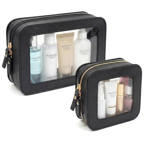 2Pcs Clear Window Travel Cosmetic Bag Set,Waterproof PU Portable Sunscreen Storage Pouch,Square Makeup Organizer Case,Summer Beach Vacation Toiletry Bag for Skincare(2Pack-Standard & Square, Black) - color: Black, style: 2pack-standard&square