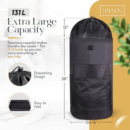 Haevon Laundry Backpack - 131L Heavy Duty Laundry Bag with Padded Shoulder & Waist Straps, Removable Liner - College, Dorm, Apartment, Travel, Outdoor - Big Laundry Bag for Easy Carrying (Black) - color: All Black
