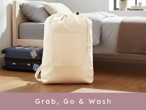 PurpleEssences Laundry Bag Durable Clothes Drawstring Bag Machine Washable Travel Laundry Organizer for Dorm, College, Hamper - Set of 1, 15 x 28 Inch, Laundry Bag - Natural - size: 15 x 28 Inch Laundry Bag