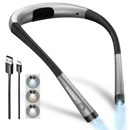 Glocusent Book Light, 3-Color & 6-Brightness Reading Light, Bendable Neck Light, 80-hr Lasting Rechargeable Book Light, Perfect Reading Lights for Books in Bed, Knitting, Repairing, Book Lovers Gifts - color: Gray, size: Standard-Medium