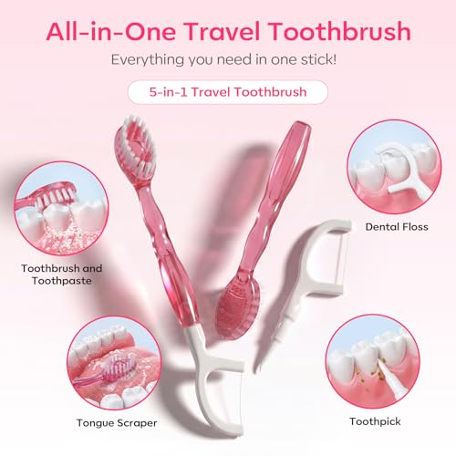 FAMILIFE Travel Toothbrush - 5 in 1 Mini Disposable Toothbrush with Toothpaste, Floss Picks & Tongue Scraper, Individually Wrapped Prepasted Brush for Weekend, Business Trip & Camping (Peach, 24pcs) - color: Peach 24 Pcs