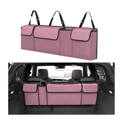 Car Trunk Organizer with Lid, Large Waterproof Vehicle Backseat Hanging Storage Bag with 4 Pockets & Adjustable Straps, Collapsible Automotive Interior Cargo Bag, Universal Fit (Pink) - color: Pink