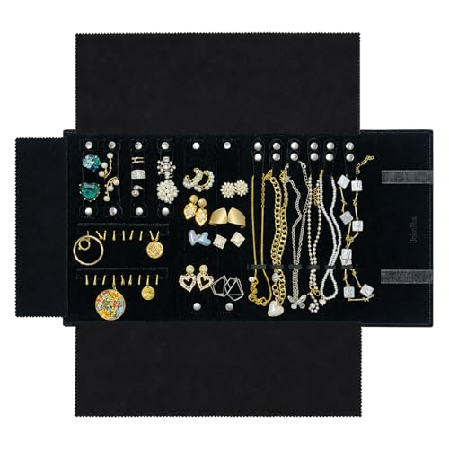 UnionPlus Velvet Travel Jewelry Case Roll Bag for Necklaces Brackets Earrings Rings, Black - color: Black Multi, size: Medium