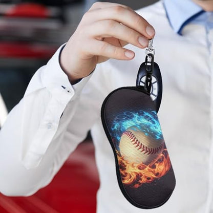 AFPANQZ Glasses Case with Carabiner Hanging Portable Neoprene Zipper Sunglasses Case Soft Lightweight - color: Blue Red Flame Baseball