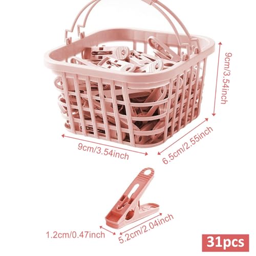 Pegs for Washing Line 31Psc Non Slip Windproof PP Material Pegs with Basket Multifunctional Fastening Waterproof Laundry with Spring.. - color: Pink