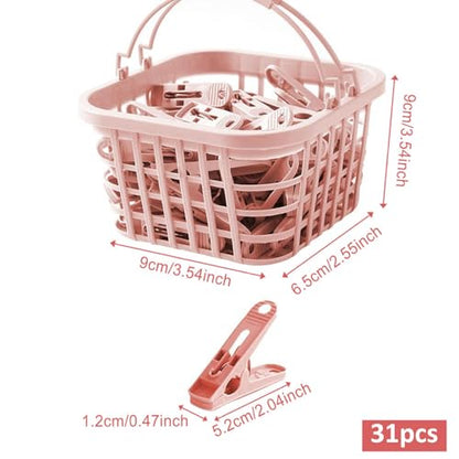 Pegs for Washing Line 31Psc Non Slip Windproof PP Material Pegs with Basket Multifunctional Fastening Waterproof Laundry with Spring.. - color: Pink
