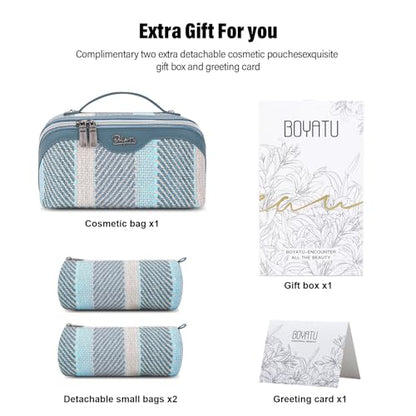 BOYATU Travel Makeup Bag Cosmetic Bag for Women: 3 Pcs Set Make up Bag with Compartments - Waterproof Vegan Leather Toiletry Bags with Handle - Makeup Organizer for Travel Essentials(C-1-Blue) - color: C-1-Blue