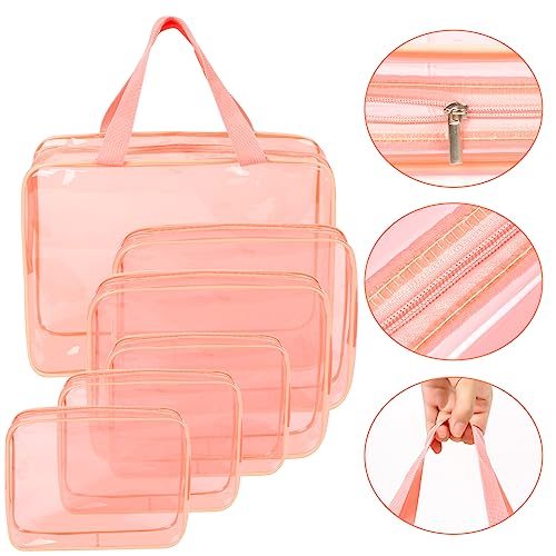 APREUTY Clear Makeup Bags, TSA Approved 6 Pcs Cosmetic Makeup Bags Set Clear PVC with Zipper Handle Portable Travel Luggage Pouch Airport Airline Vacation Organization (Peach) - color: Peach-6PCS (Large+Medium+Small)