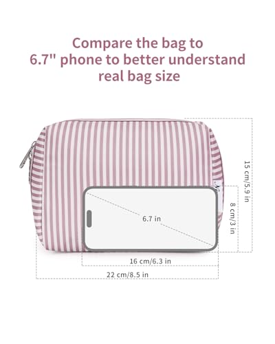 Narwey Striped Makeup Bag Travel Cosmetic Bag Organizer Toiletry Bag Make Up Bags with Compartments for Women Girls (Large, Dusty Rose Stripe) - color: A-Dusty Rose Stripe, style: Large