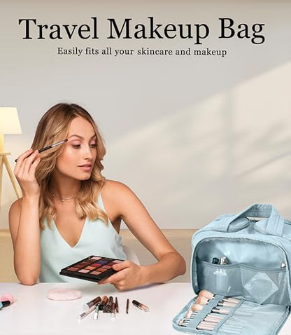 Travel Toiletry Bag for Women, Large Wide-open Puffy Cosmetic Makeup Bag with Wet-Dry Separation, Multi-Pocket Organizer with Carry Handle for Toiletries, Cosmetics, Essentials, Light Blue - color: Light Blue