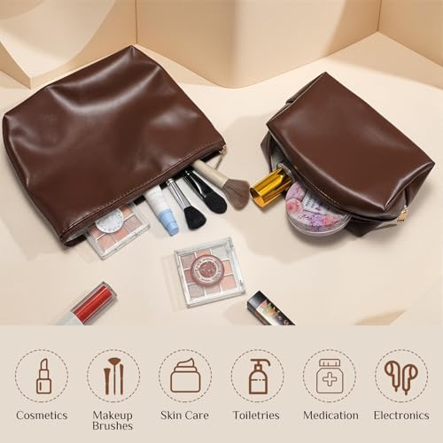 Kigeli 2 Pcs PU Leather Makeup Bag Set for Women Waterproof Aesthetic Cosmetic Bag Large & Small Travel Toiletry Organizer Pouch Skincare Organizer Bridesmaid Mother's Day Birthday Gift(Dark Brown) - color: Dark Brown