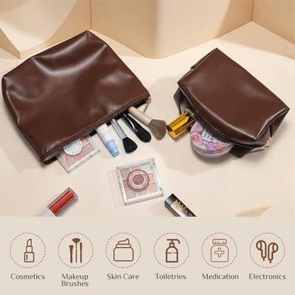 Kigeli 2 Pcs PU Leather Makeup Bag Set for Women Waterproof Aesthetic Cosmetic Bag Large & Small Travel Toiletry Organizer Pouch Skincare Organizer Bridesmaid Mother's Day Birthday Gift(Dark Brown) - color: Dark Brown