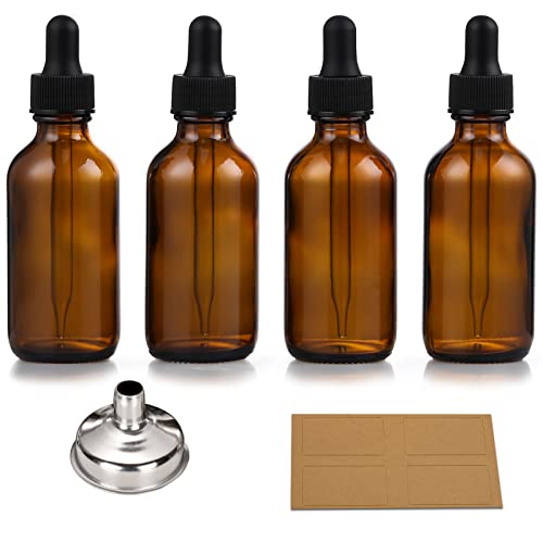 4 Pack, 1 oz Thick Dark Amber Glass Dropper Bottles with 1 Funnels & 4 Labels - 30ml Tincture Bottles with Eye Dropper - Leakproof Essential Oils Bottle - Storage and Travel for Beauty or Health - style: Blank Dropper