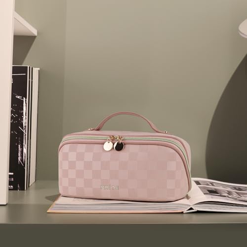 Prite Makeup Bag for Women Travel Waterproof Vegan Leather Cosmetic Bag Open Flat Toiletry Bag With Clear Divider and Handle (Plaid Pink, Medium) - color: Plaid Pink, size: Medium