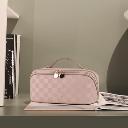 Prite Makeup Bag for Women Travel Waterproof Vegan Leather Cosmetic Bag Open Flat Toiletry Bag With Clear Divider and Handle (Plaid Pink, Medium) - color: Plaid Pink, size: Medium