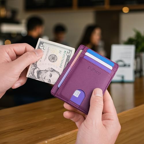 Buffway Slim Minimalist Front Pocket RFID Blocking Leather Wallets for Men and Women - Cross Purple - color: Cross Purple