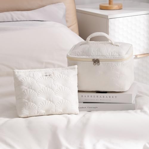 uekeboag White Shells Quilted Cotton Makeup Bag,Coquette Quilted Toiletry Bag for Women and Girls, Floral Coquette Organizer Bag, Aesthetic Travel Cosmetic Bags(White Shells Bag) - color: White Shells Bag