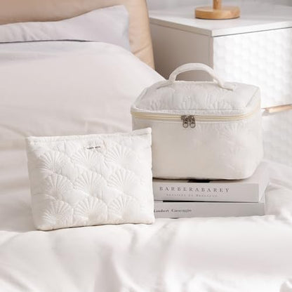 uekeboag White Shells Quilted Cotton Makeup Bag,Coquette Quilted Toiletry Bag for Women and Girls, Floral Coquette Organizer Bag, Aesthetic Travel Cosmetic Bags(White Shells Bag) - color: White Shells Bag