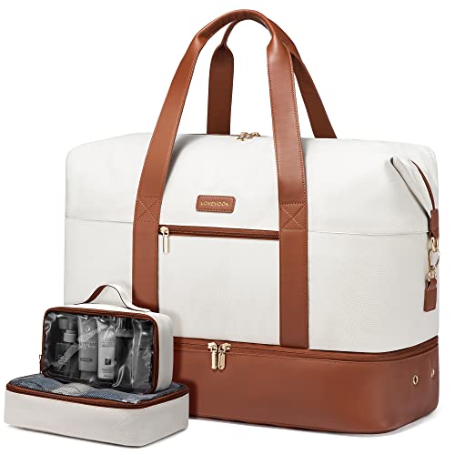 LOVEVOOK Weekender Bag for Women, Large Duffle Bag for Travel with 2 Packing Cubes, Carry on Overnight Bag with Shoe Compartment, Mom Hospital Bags for Labor and Delivery - color: White-Brown, size: 56L-3Pcs