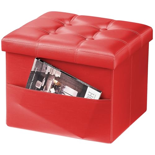 AmasSmile Red Storage Ottoman Folding Foot Rest Stool with Side Pocket, 16 inch Leather Footstool Bench, Short Ottoman Bench, Storage Foot Rest Store, Books - color: Red 1 Pack., size: 16"*12"*12"with side pockets