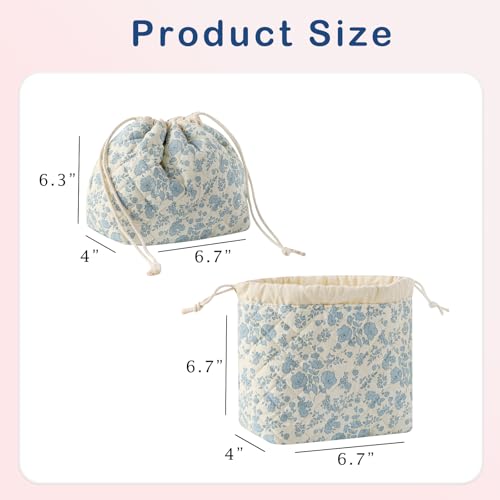 Cotton Quilted Drawstring Makeup Bag with Canvas Lining,Coquette Aesthetic Cute Travel Toiletry Bag,Drawstring Gift Bag for Women and Girls（02Light Blue Flower） - color: 02Light Blue Flower
