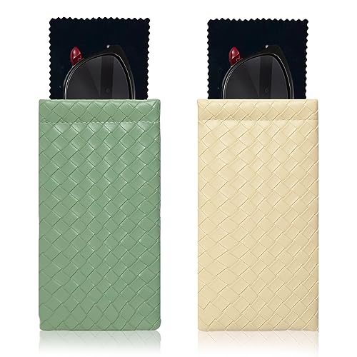 Squeeze Top Sunglass Pouch - Portable Sunglass Organizer Pouch Bags Soft PU Leather Glasses 2 Pack - color: Matcha Green-light Beige