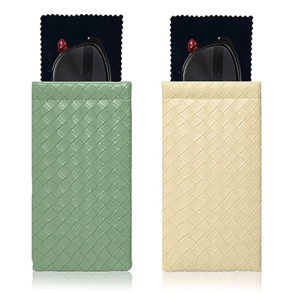 Squeeze Top Sunglass Pouch - Portable Sunglass Organizer Pouch Bags Soft PU Leather Glasses 2 Pack - color: Matcha Green-light Beige