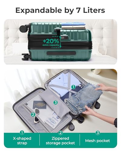 BAGSMART Carry On Luggage 22x14x9 Airline Approved with Spinner Wheels,Lightweight 20 Inch Luggage with TSA Lock,Expandable Hard Shell Carry On Suitcases for Men Women,Pine Green - color: Pine Green