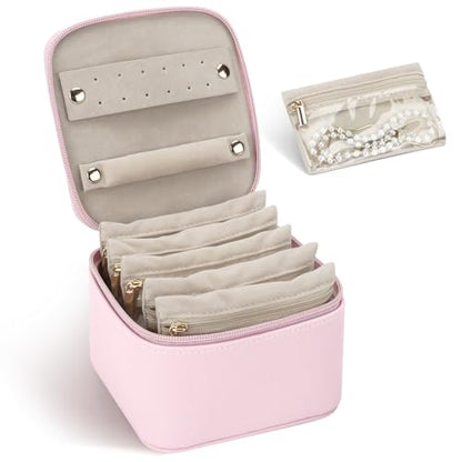 DesignSter Small Jewelry Box, Travel Small Jewelry Organizer with Earring Tray and Ring Holder,Square Travel Jewelry Storage Case with 6 Velvet Jewelry Pouches, Pink - color: Pink