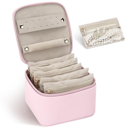 DesignSter Small Jewelry Box, Travel Small Jewelry Organizer with Earring Tray and Ring Holder,Square Travel Jewelry Storage Case with 6 Velvet Jewelry Pouches, Pink - color: Pink