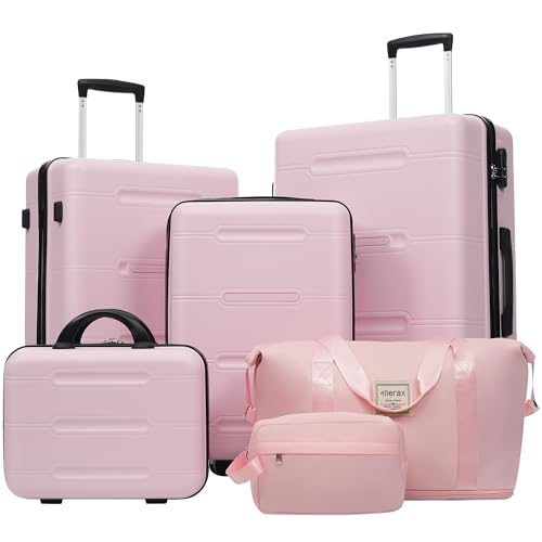 Merax Luggage Set 6 Piece,Lightweight Hardshell Suitcase with Double Spinner Wheels Handle Password Lock,14 IN Cosmetic Case 20/24/28 IN Luggages with Duffel Bag and Toiletry Bag,Pink - color: Pink, style: 14+20+24+28+bags