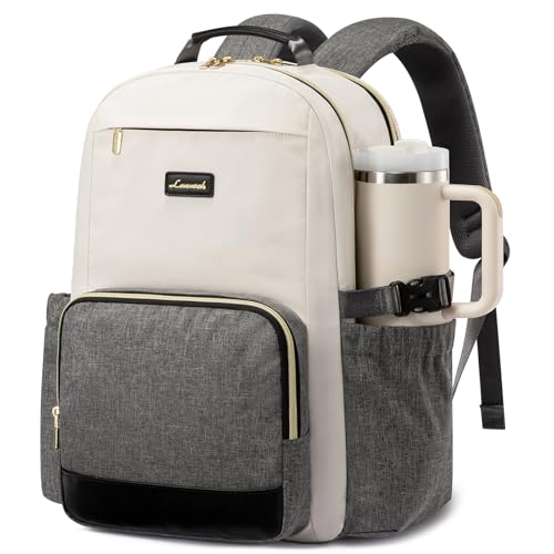 LOVEVOOK Laptop Backpack for Women with Pouch Pocket for Large Capacity Cup,15.6 Inch Laptop Computer Bag Travel Backpack Purse,Waterproof Work Business Backpack College Teacher Bags,Beige-Gray-Black - color: Beige - Gray - Black, size: 15.6 Inch