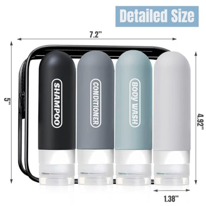 Pre-printed Silicone Travel Bottles for Toiletries 3oz | TSA Approved, Leak Proof, Squeezable Containers For Shampoo Conditioner, Travel Essentials, with Clear Bag, 4 Pack - color: dark color 4