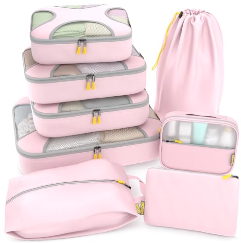 Shacke 8 Set Packing Cubes for Travel – Complete Luggage Organizer Set with Laundry, Shoe, Toiletry & Accessories Bag, Suitcase Travel Organizer (Petal Pink) - color: 8 Set - Petal Pink, size: Set of 8