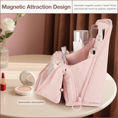 Abiudeng Standing Makeup Bag Stand up Make up Bag Travel Toiletry Bag with Multiple Compartments Large Capacity for Women Business Trips Fitness and Daily Commutes (Pink) - color: Pink