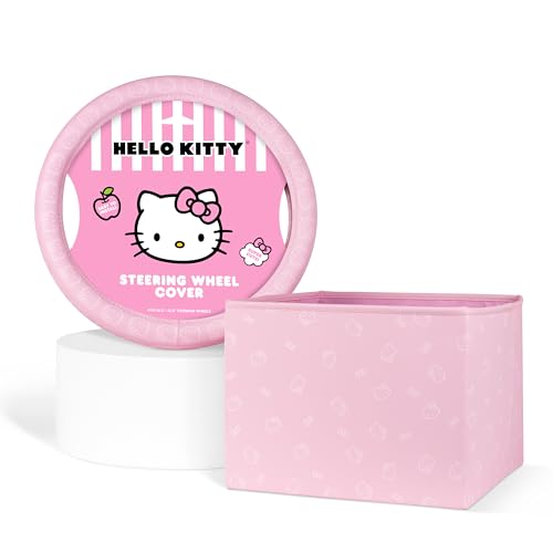 Sanrio Hello Kitty Car Trunk Organizer & Steering Wheel Cover Set – Cute, Non-Slip, Soft Grip Car Accessories for Women – Collapsible Storage Bin for Groceries, Tools & Travel – 12.5"L x 12.5"W x 9"H - style: Set Hello Kitty