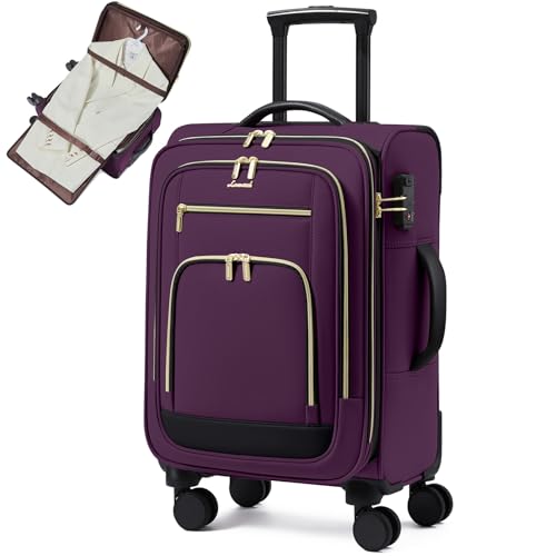 LOVEVOOK Carry on Luggage 22x14x9 Airline Approved with Garment Bag & Spinner Wheels, 22 Inch Large Rolling Suitcase with TSA Lock, 49L Lightweight Underseat Carryon Luggage for Women Travel Overnight - color: Dark Purple-black, size: 22 Inch With Garment