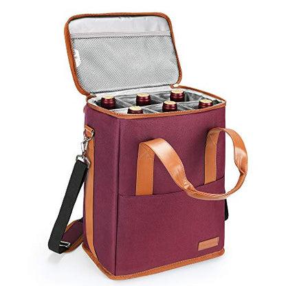 Tirrinia 6 Bottle Wine Gift carrier - Insulated & Padded Wine Carrying Cooler Tote Bag with Handle and Adjustable Shoulder Strap for Travel or Picnic, IDEAL Wine Lover Gift, Wine - color: Red