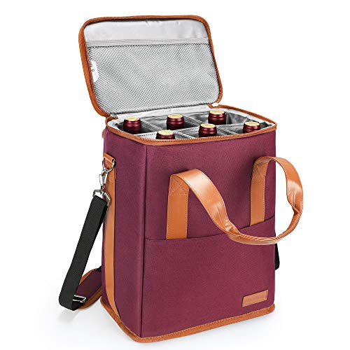 Tirrinia 6 Bottle Wine Gift carrier - Insulated & Padded Wine Carrying Cooler Tote Bag with Handle and Adjustable Shoulder Strap for Travel or Picnic, IDEAL Wine Lover Gift, Wine - color: Red