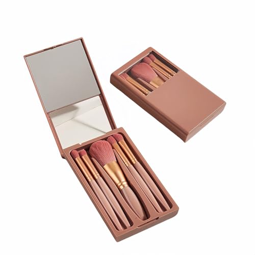 5-Piece Professional Makeup Brush Set with Mirror & Travel Case Hypoallergenic Vegan Bristles for Sensitive Skin Luxury Gift-Ready Box,Portable Cosmetic Kit for Brides,Travel,On-the-Go Touchups (Red) - color: Red