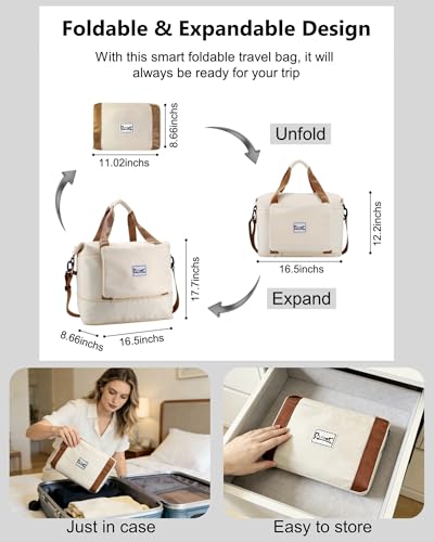 Foldable Travel Duffel Bag for Women, 40L Expandable Carry on Bag Personal Item Flight Approved, Lightweight Water Resistant Overnight Weekender Bag with Wet Pocket for Gym Travel, Beige - color: Beige
