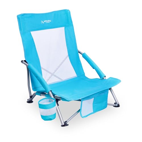 Low Folding Beach Chairs for Adults, Portable Lightweight Sling Beach Camping Chair with Cup Holder,Foldable Camp Lawn Chair for Outdoor Sand Concert Sport Events - color: Ocean Blue, size: Low Back