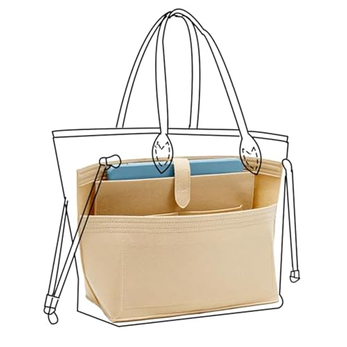 Purse Organizer Insert with Laptop Sleeve, Premium Felt Neverfull MM Organizer, Tote Bag Divider Liner with Zipper and Cup Holder Pockets,7 Compartments Handbag Shaper, Beige - color: Beige - with Laptop Sleeve, size: L
