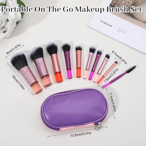 10 Pcs Mini Travel Makeup Brushes Set with Pouch, Short Handle Makeup Brushes for Women Girls Portable Full Complete Function Cosmetic Kit Brush Blush Powder Eye Shadow - color: Purple