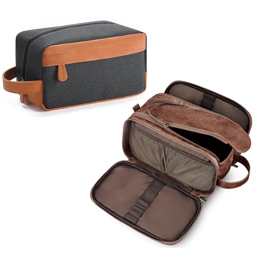 Elviros Travel Toiletry Bag Gift for Men，Mens Toiletries Bag Gifts Set Shaving Dopp Kit Water-resistant Bathroom Toiletries Organizer PU Leather Cosmetic Bags 2 Pack Dark Brown and Brown - color: Dark Brown, size: 2 Pack