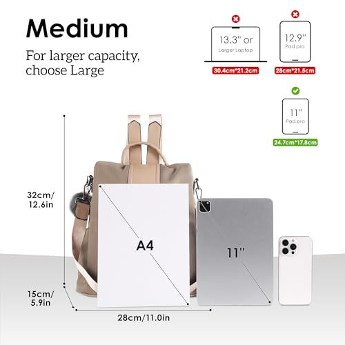 PINCNEL Women Khaki Medium Backpack Purse Waterproof Nylon Anti-theft Rucksack Lightweight Shoulder Bag - color: Khaki, size: Medium
