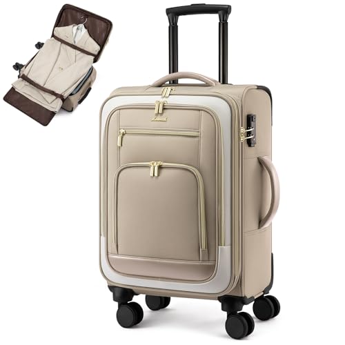 LOVEVOOK 49L Carry on Luggage 22x14x9 Airline Approved, 22 Inch Large Rolling Suitcase with Suit Folder & Spinner Wheels, Lightweight Underseat Carryon Luggage for Women Travel Business with TSA Lock - color: Khaki-beige, size: 22 Inch With Garment Compar